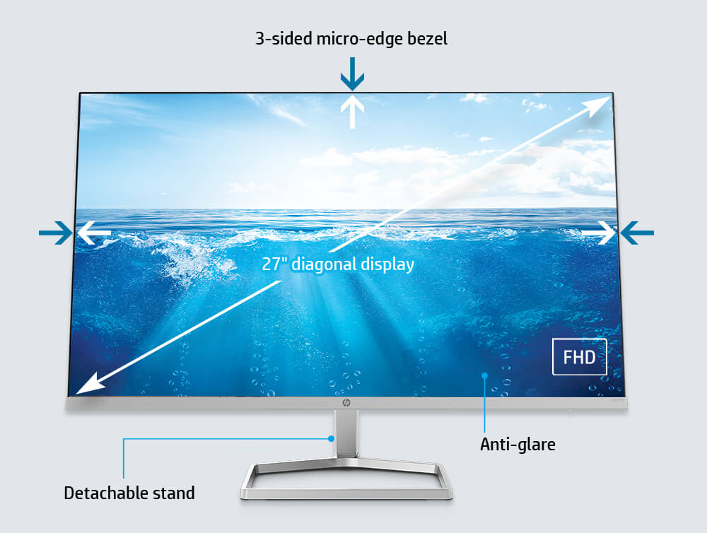HP M27f Ultraslim Monitor, Full HD (1920 x 1080) 27-Inch (2 HDMI, 1 VGA) - Silver / Black - Image 4